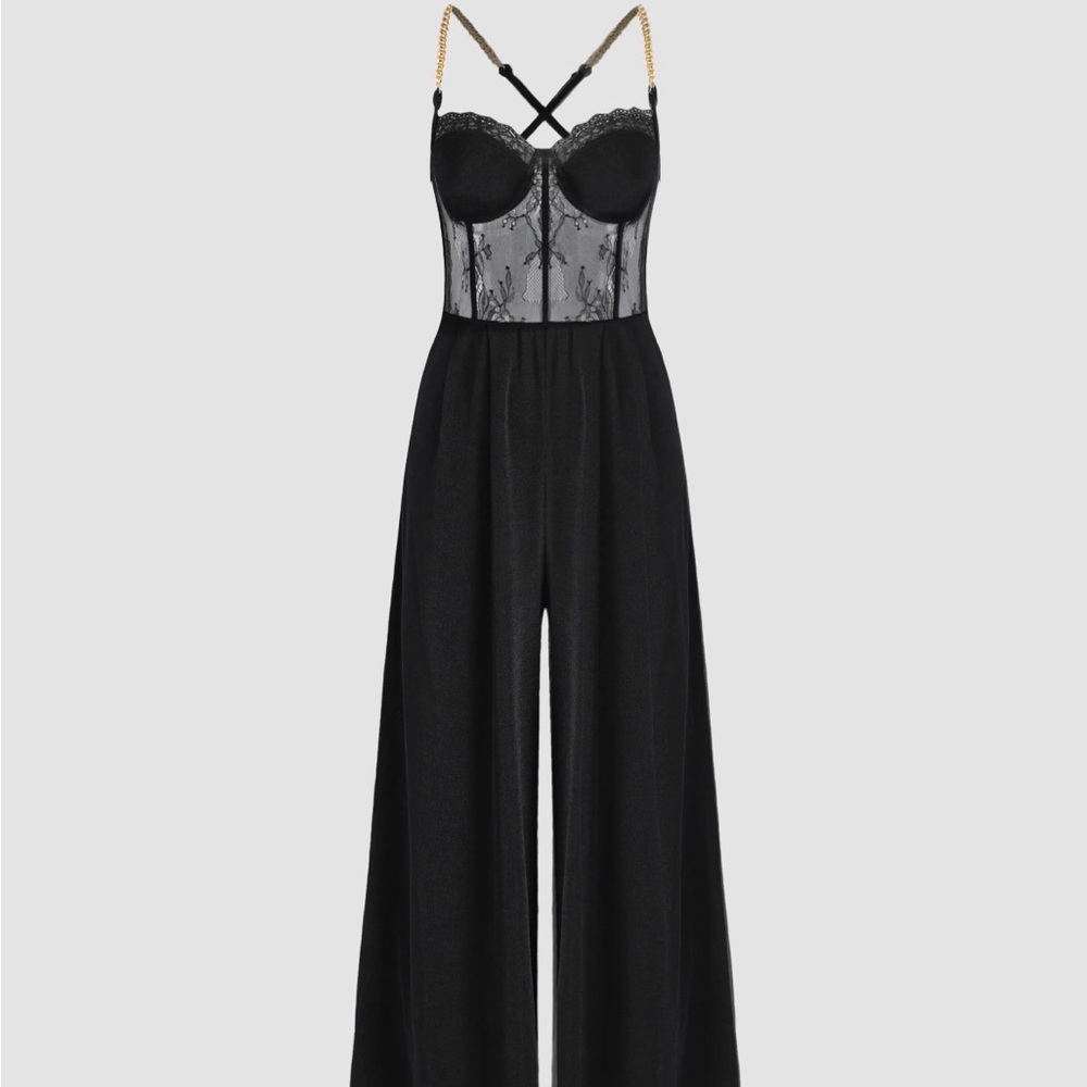 Lace corset chain crossback wide leg jumpsuit